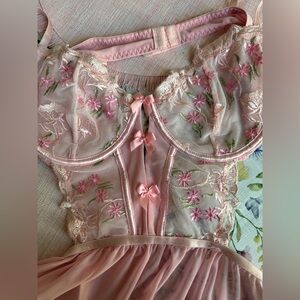 Pink Floral Lace Sheer Underwire Bra with Ribbon Bows